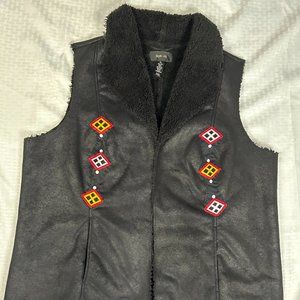 Upcycled Black Faux Suede/Sherpa Vest African Toghu Inspired XL